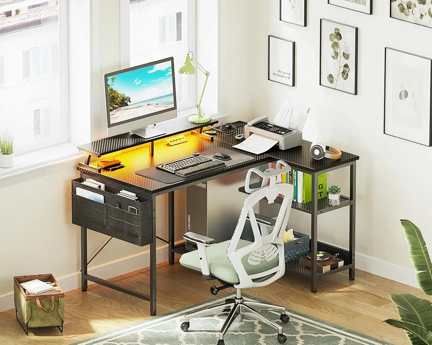 LED desk with yellow glow, shelving and console gear