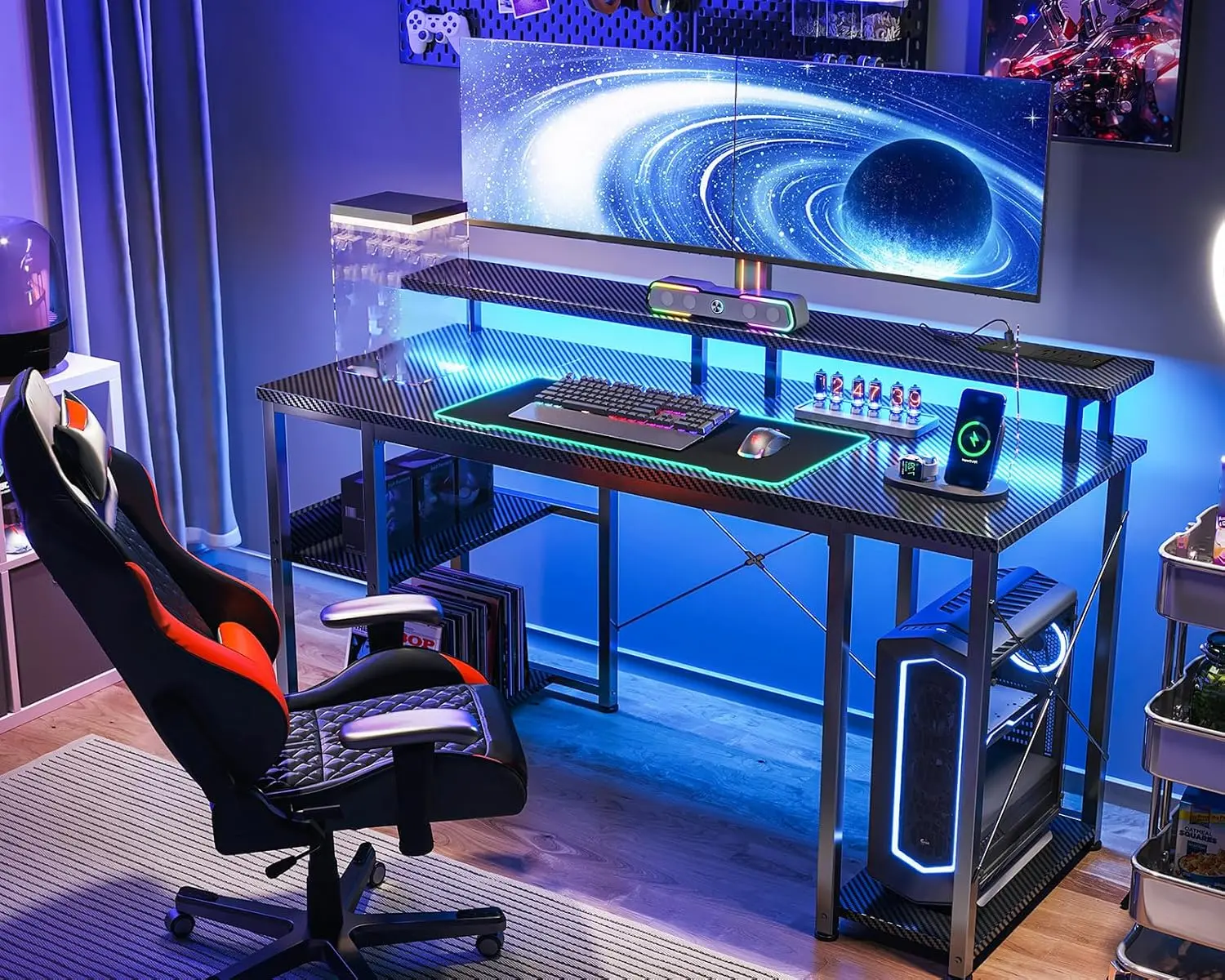 L-shaped desk with drawers, monitor shelf and warm LED glow