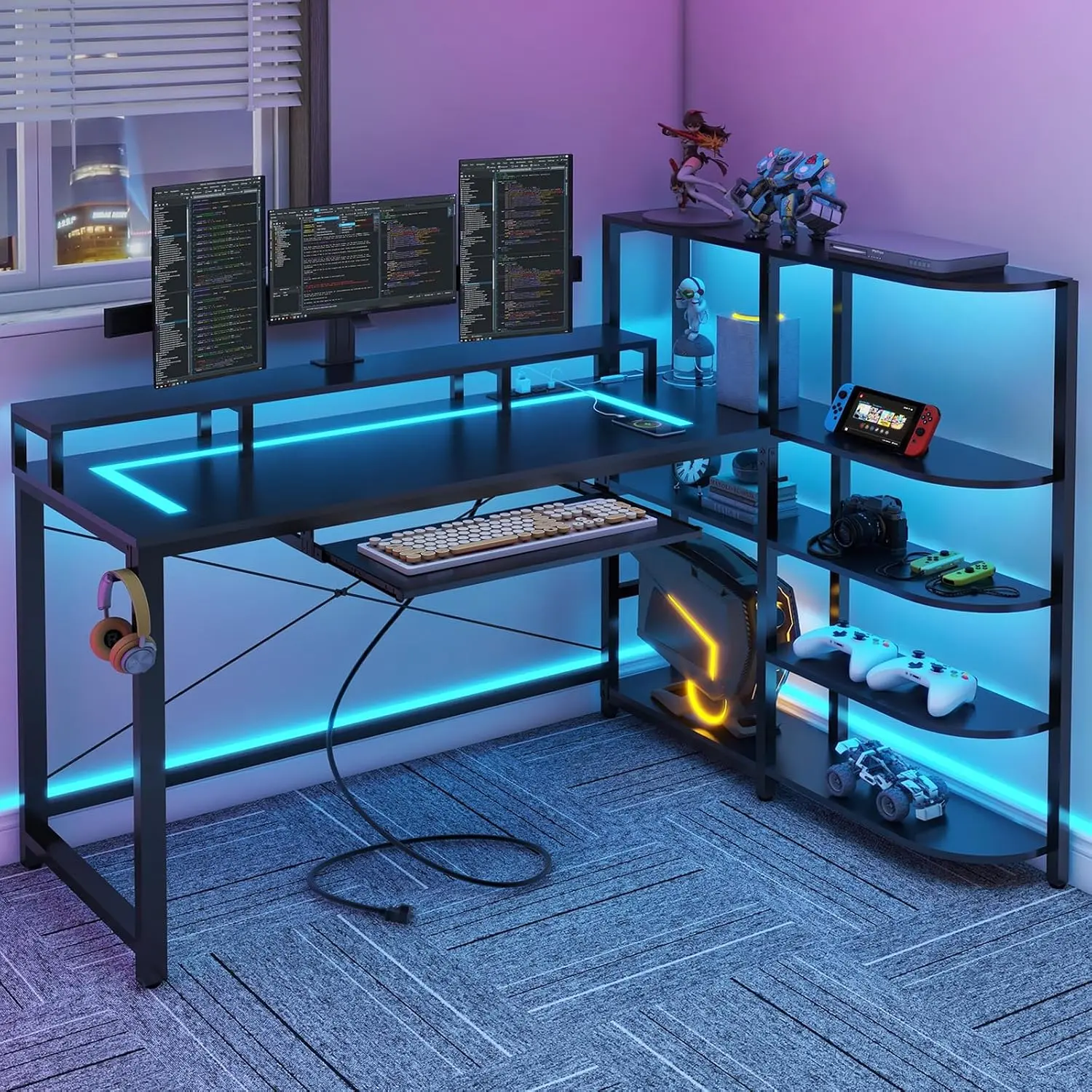 Bright home office corner desk with warm LED underglow