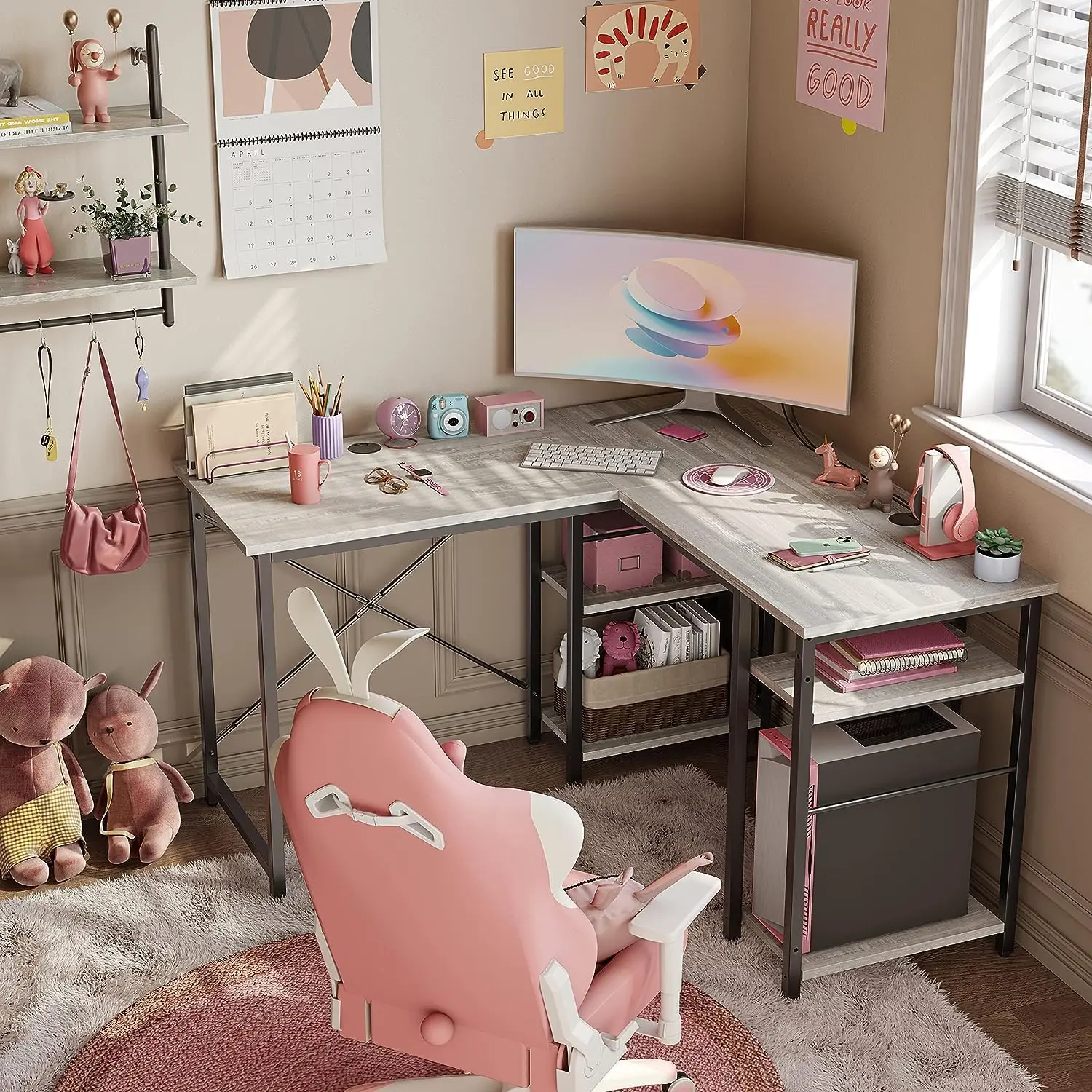 Grey L-shaped study desk in a pastel teen bedroom