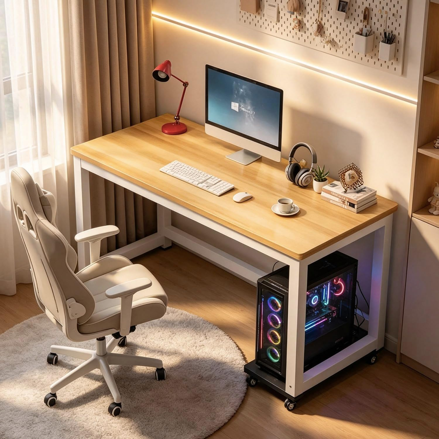 Light wood and white desk with RGB PC tower and gaming chair in a sunlit room
