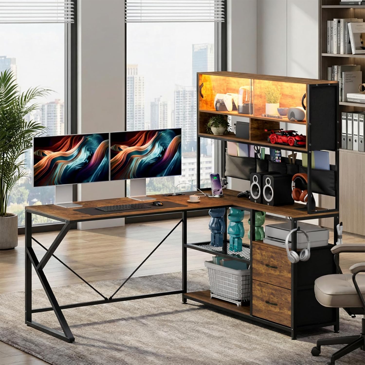 LED L-Shaped Desk with Drawers 130cm photo 2