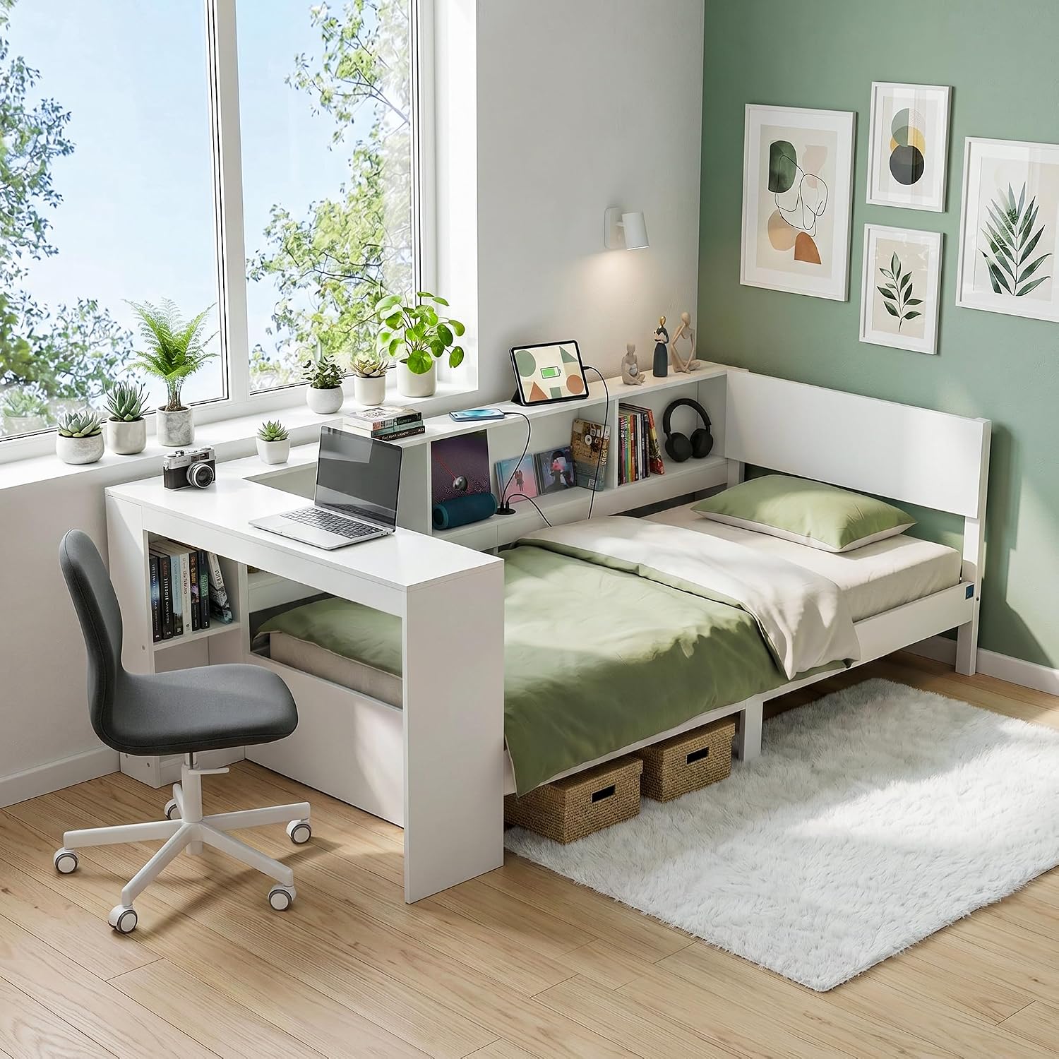 Corner Bed with Desk & Shelves setup photo