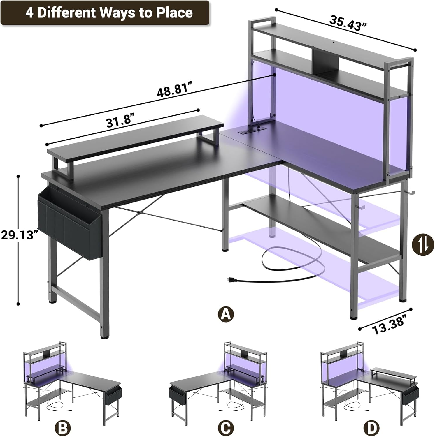 LED L-Shaped Desk 124cm photo 2