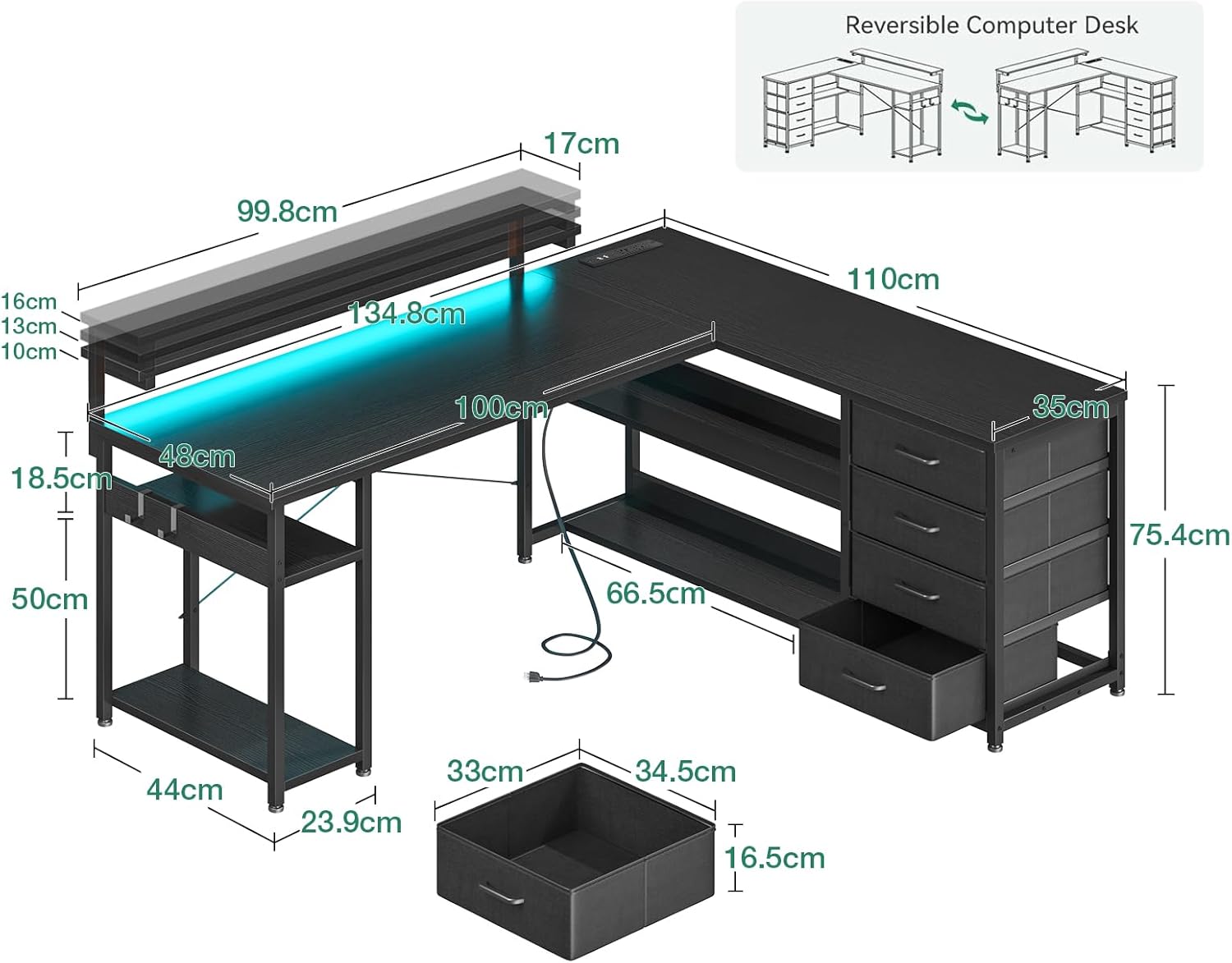 LED L-Shaped Desk with Drawers photo 3