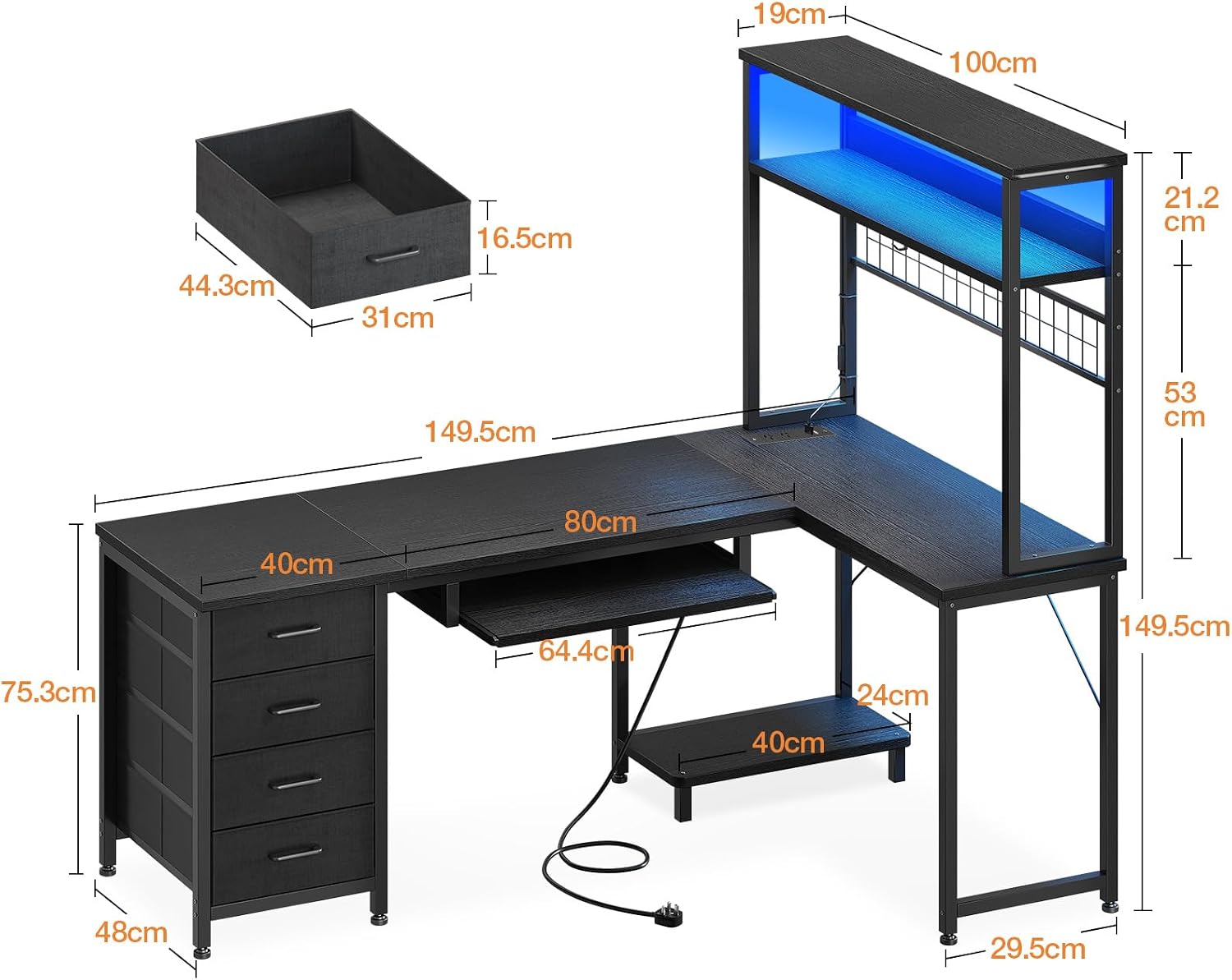 LED Desk with 4 Drawers 149cm photo 3