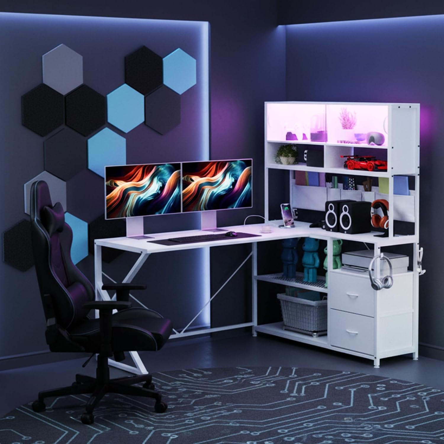LED L-Shaped Desk with Drawers 130cm