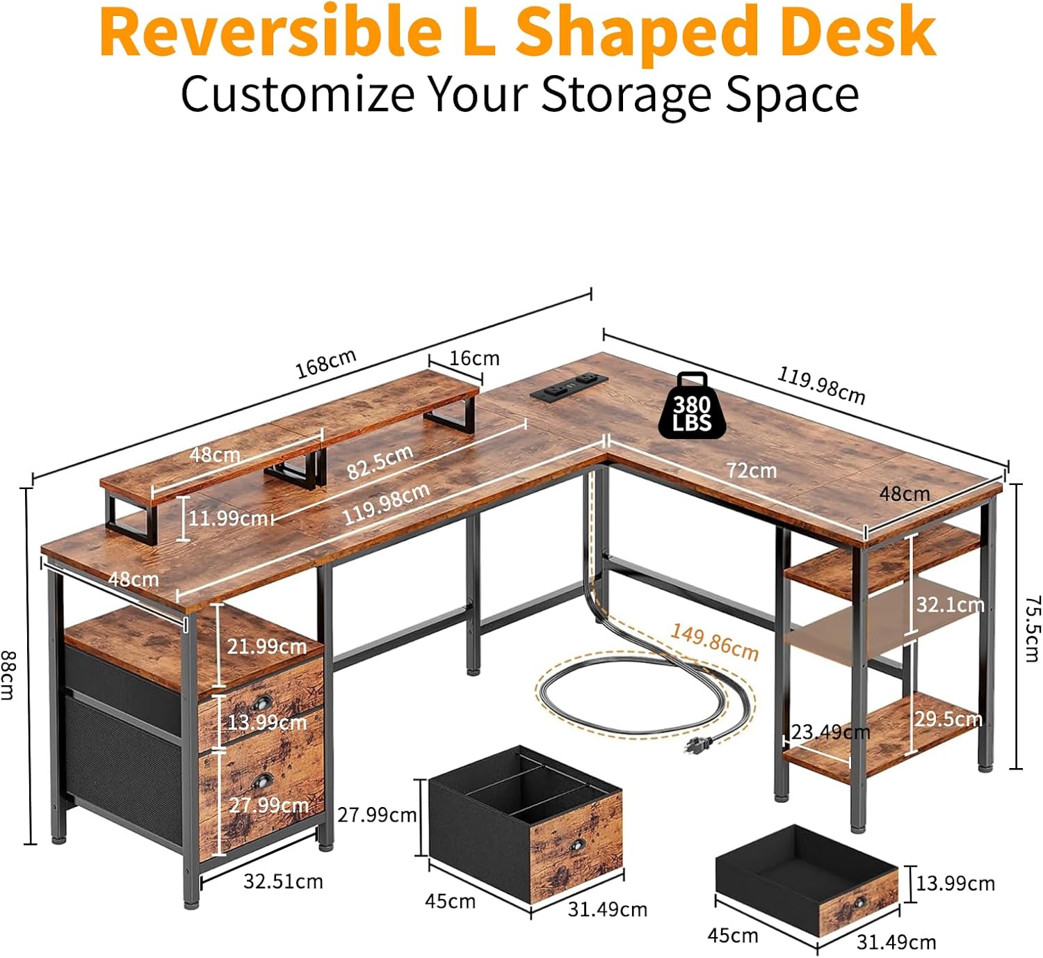 L-Shaped Desk with Outlets 168cm photo 3
