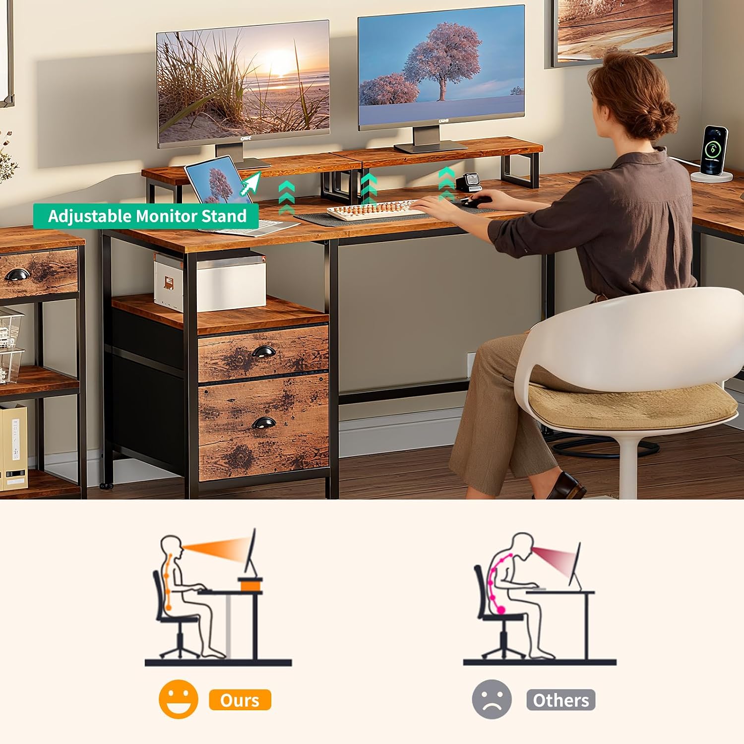 L-Shaped Desk with Outlets 168cm photo 5